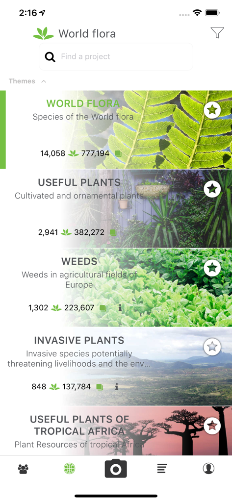 PlantNet - PlantNet app screen displaying a list of botanical projects including world flora and invasive plants