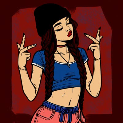 realistic teenage girl with braids and a beanie and crop top doing 🫶🏼