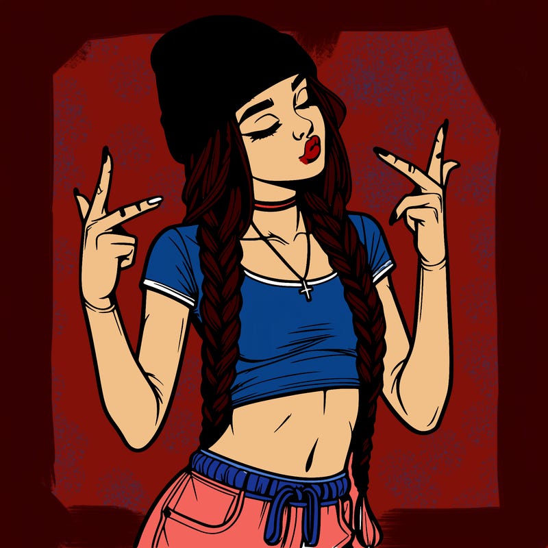 realistic teenage girl with braids and a beanie and crop top doing 🫶🏼