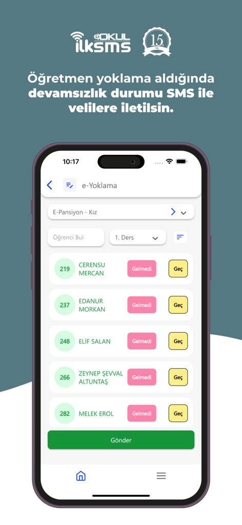 Mobile interface of ilkSMS app for tracking school attendance and sending automatic SMS notifications to parents