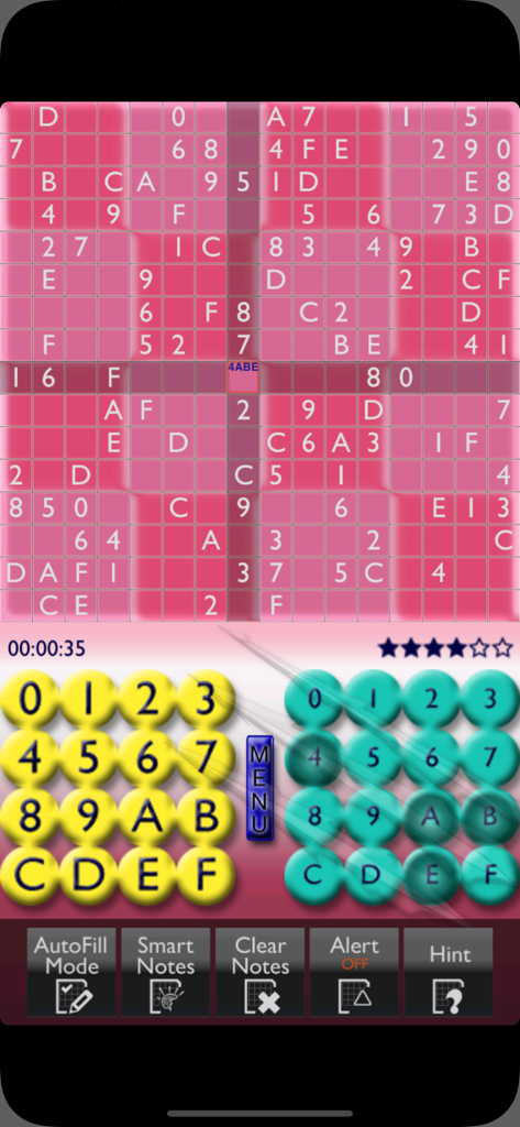 Una cuadrícula de Sudoku de 16x16 de color rosa con números y letras, que presenta un teclado de entrada amarillo y verde azulado en la parte inferior.