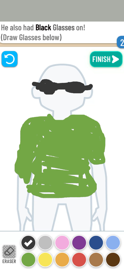 A screenshot of the Line Up: Draw the Criminal mobile game where the player is sketching black glasses and a green shirt onto a character outline.