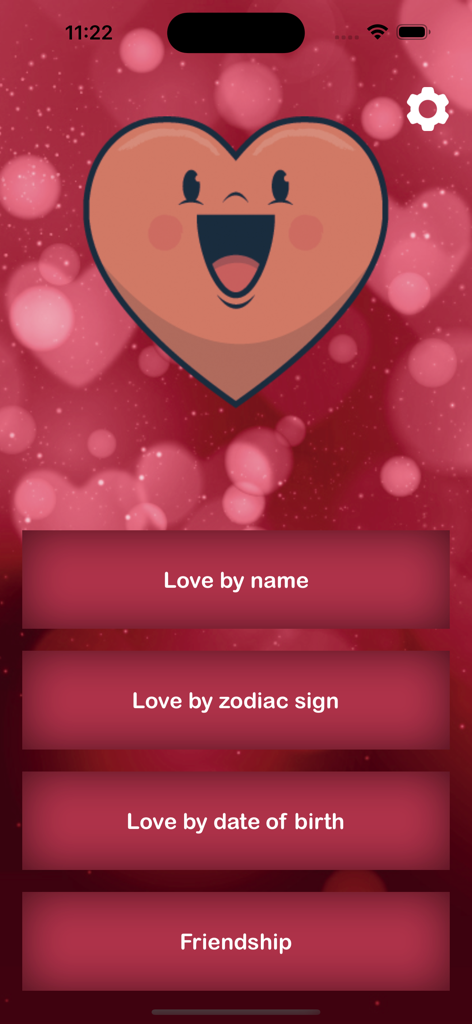 Love calculator compatibility - Main menu of the Love calculator compatibility app featuring options for name, zodiac, and birth date testing.