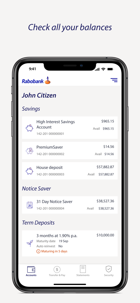 Rabobank Online Savings AU - Rabobank Online Savings AU app screen displaying a list of savings and term deposit balances.