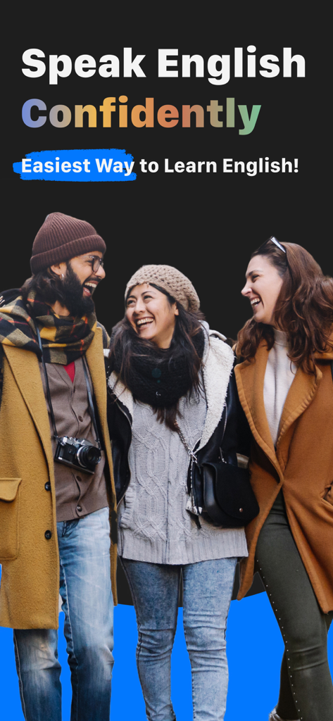 Lingua : AI English Learning - Un grupo de personas diversas riendo y hablando juntas con el texto Speak English Confidently