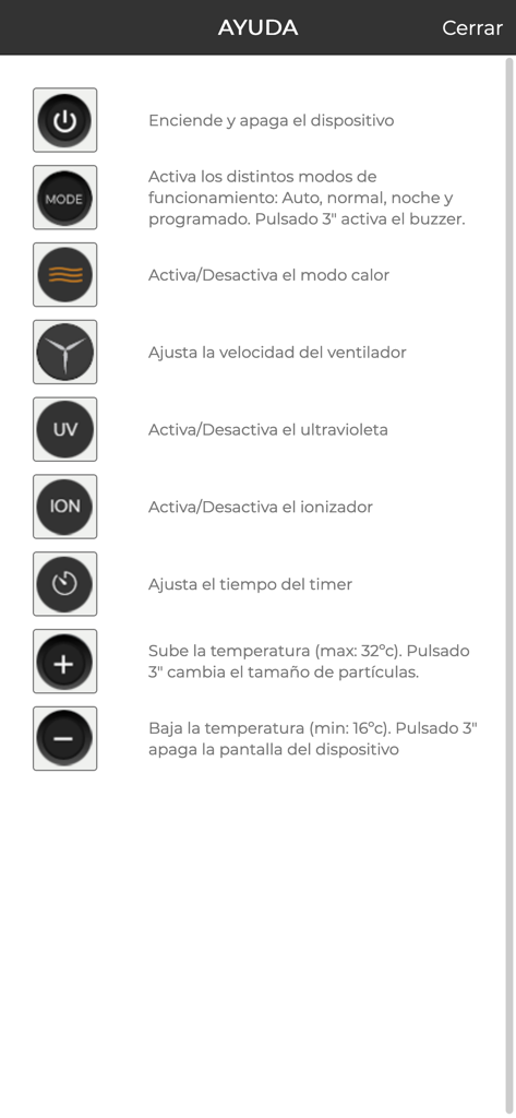 Biow - Pantalla de ayuda de la aplicación Biow que muestra iconos y descripciones para controlar funciones del dispositivo como la purificación del aire y la temperatura.