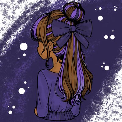realistic girl  with hip length hair a bun and a big bow on the back of head