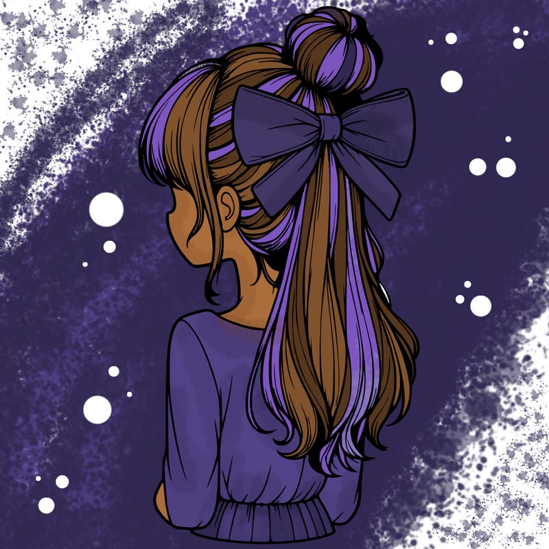 realistic girl  with hip length hair a bun and a big bow on the back of head