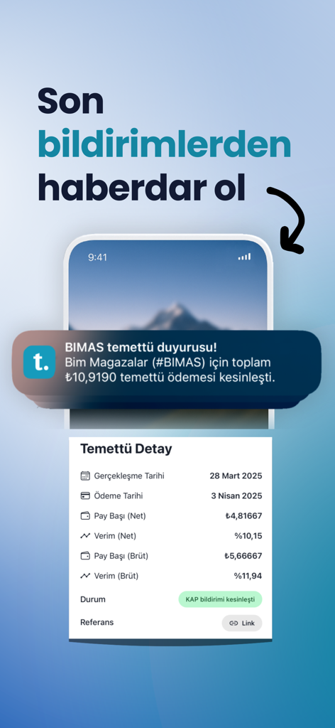 Temettü: Hisse Portföy Takvim - 配当発表通知と詳細な株式配当支払い指標を表示するスマートフォンスクリーン。