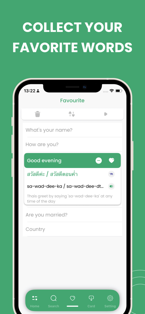 Learn Thai -Travel Phrasebook - A screenshot of the Learn Thai app showing a list of favorite phrases including Good evening with Thai script and phonetic translation.