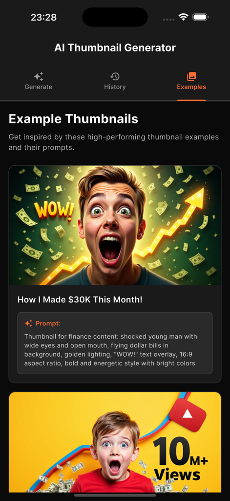 バイラルサムネイルメーカーアプリ内の、パフォーマンスの高いYouTubeサムネイル例とAIプロンプトのギャラリー