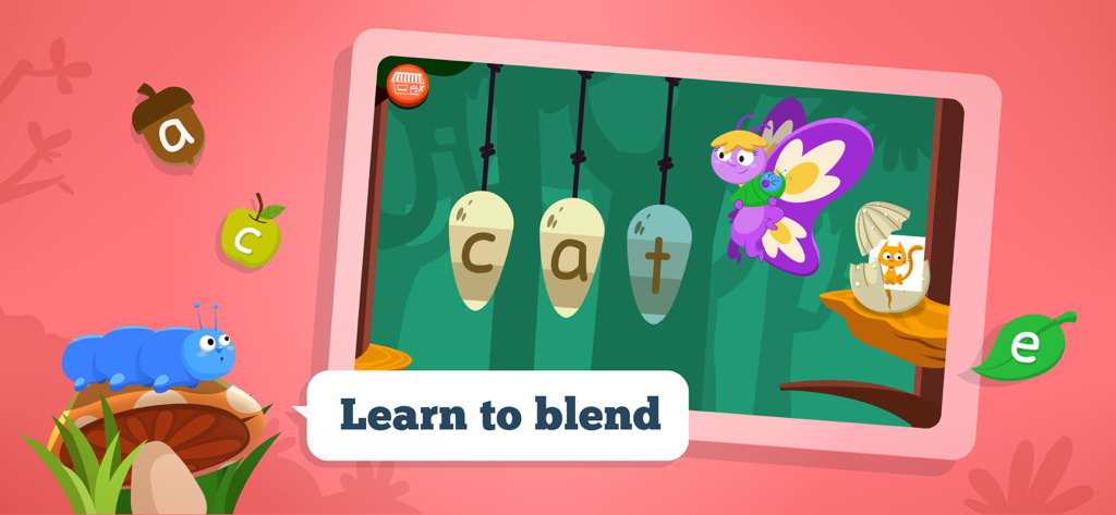 Juego educativo para niños que enseña a combinar sonidos fonéticos para formar la palabra 'cat'