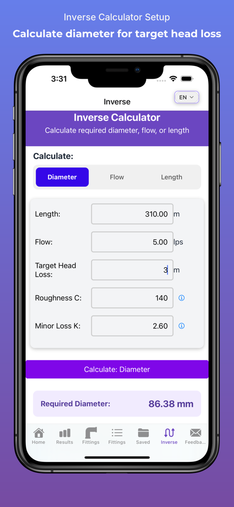 HydroCalc Plus - HydroCalc Plus app inverse calculator screen determining pipe diameter based on target head loss