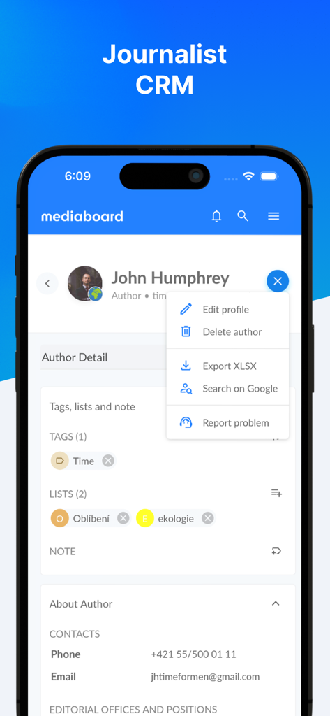 Mediaboard: Media Intelligence - 연락처 정보 및 관리 옵션이 있는 프로필을 보여주는 저널리스트 CRM용 미디어보드 앱 인터페이스