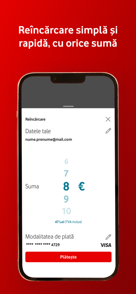 My Vodafone Romania - My Vodafone Romaniaモバイルアプリのモバイルリチャージインターフェース。クレジット選択と支払いオプションが表示されています。