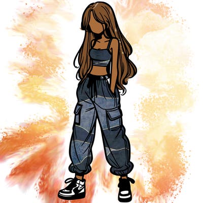 girl in baggy pants crop top and long hair