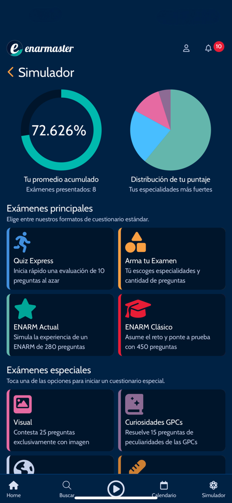 La interfaz del simulador de la aplicación ENARMaster mostrando las puntuaciones del usuario y las categorías disponibles de exámenes médicos.