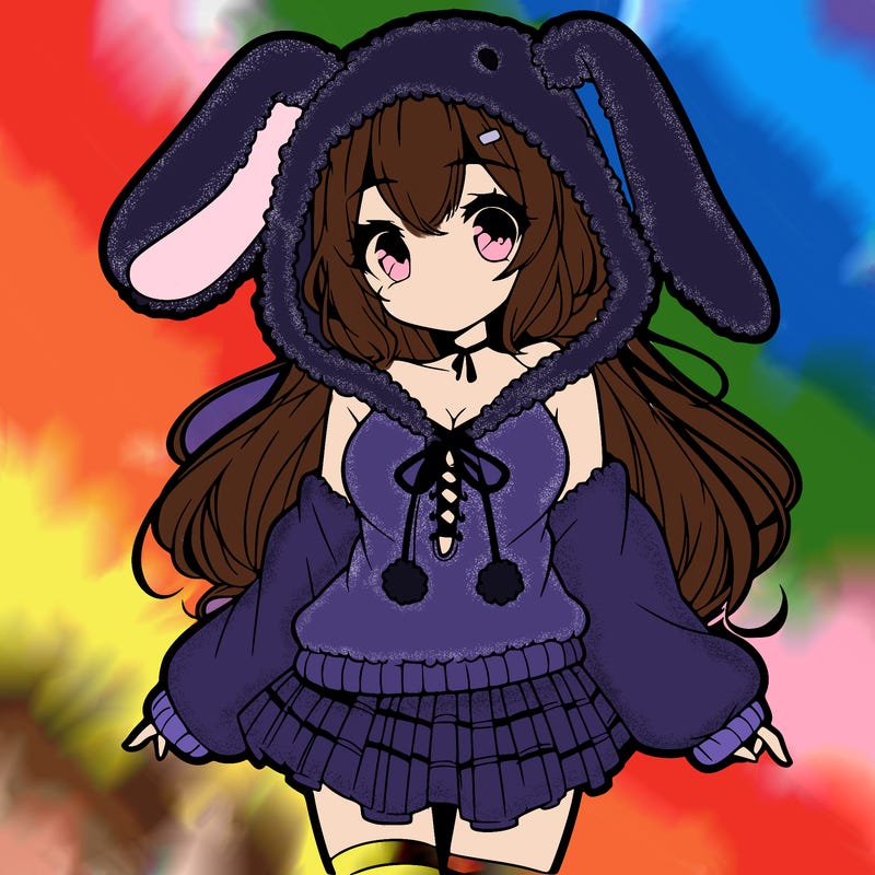 pretty anime girl wearing a fluffy hoodie with bunny ears on the hood and a skirt