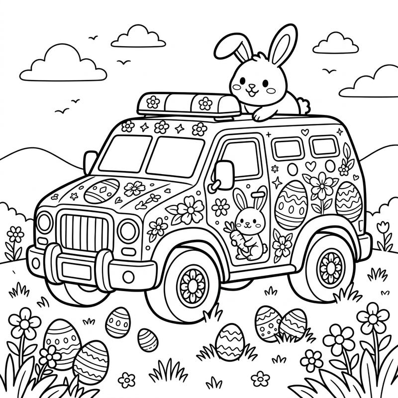 Get ready for an exciting Easter adventure with this unique SWAT Vehicle coloring page designed especially for kids! Adorned with playful bunnies, vibrant eggs, and cheerful spring flowers, it's a perfect blend of fun and festivity.
