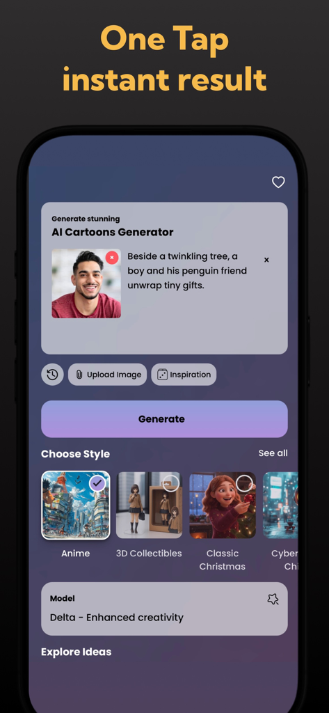 Oberfläche der AI Cartoon App, die Foto-Upload, Eingabe von Textaufforderungen und verschiedene künstlerische Stile wie Anime und 3D zeigt.