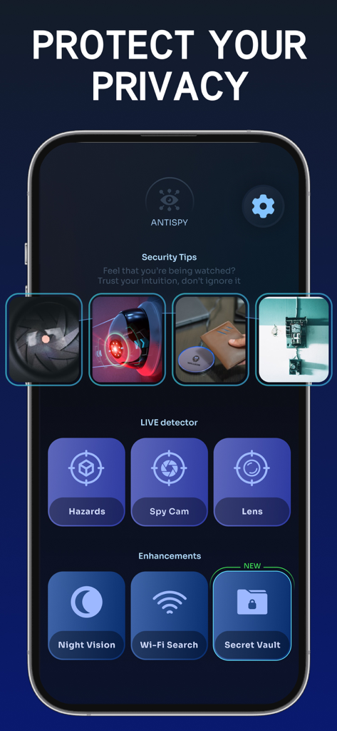 Hidden Camera Finder - AntiSpy - Interfaz de la aplicación Hidden Camera Finder que muestra herramientas de protección de privacidad, incluyendo detección de cámaras espía y funciones de búsqueda de Wi-Fi.