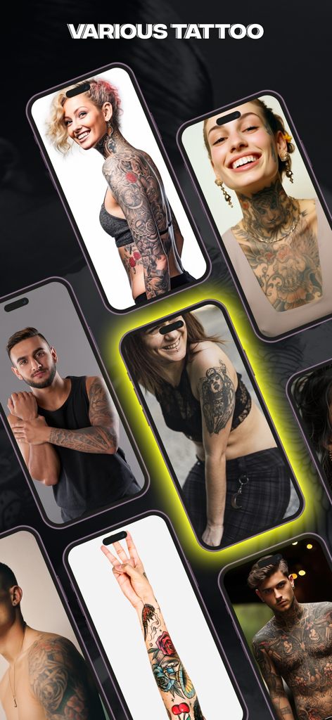 Draw Tattoo with Ink : AR - A showcase of diverse tattoo designs and placements on multiple mobile phone screens from the AR tattoo app