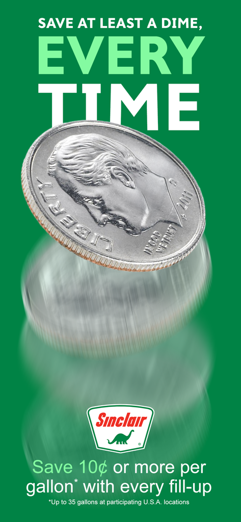 DINOPAY - Sinclair Oil - Sinclair DINOPAY promotional image showing savings of 10 cents per gallon with every fuel fill up