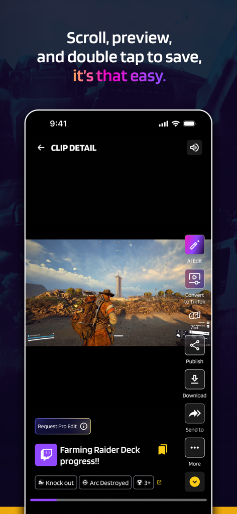 Eklipse.gg - Eklipse mobile app interface showing gaming clip editing and social media publishing tools