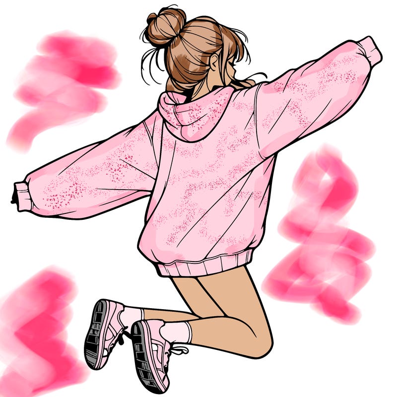 realistic girl jumping with a bun and oversized sweatshirt