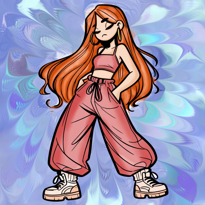 girl in baggy pants crop top and long hair