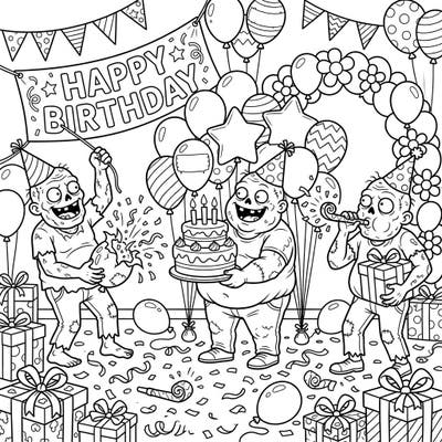 Get ready for a monstrously fun birthday celebration with this unique coloring page featuring cheerful, bloated zombies. Perfect for those who love a quirky twist on festive themes, it's packed with party essentials like cake, balloons, and presents.