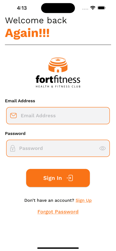 Pantalla de inicio de sesión de la aplicación móvil Fort Fitness Gym con campos de correo electrónico y contraseña