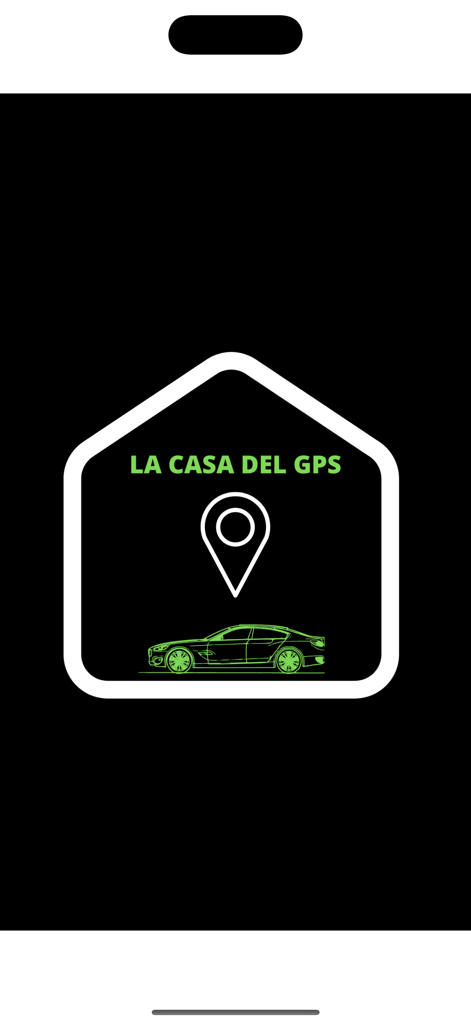 Pantalla de bienvenida de la aplicación La Casa Del GPS con un coche y un logo de pin de ubicación