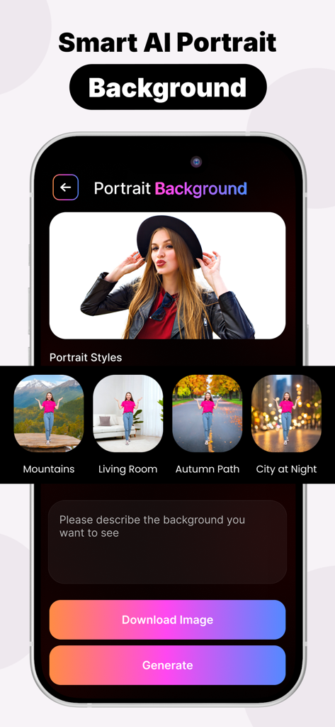 Haiper AI: Text to Video - Mobile app interface for Haiper AI showing the Smart AI Portrait Background feature with various style options like Mountains and Living Room.