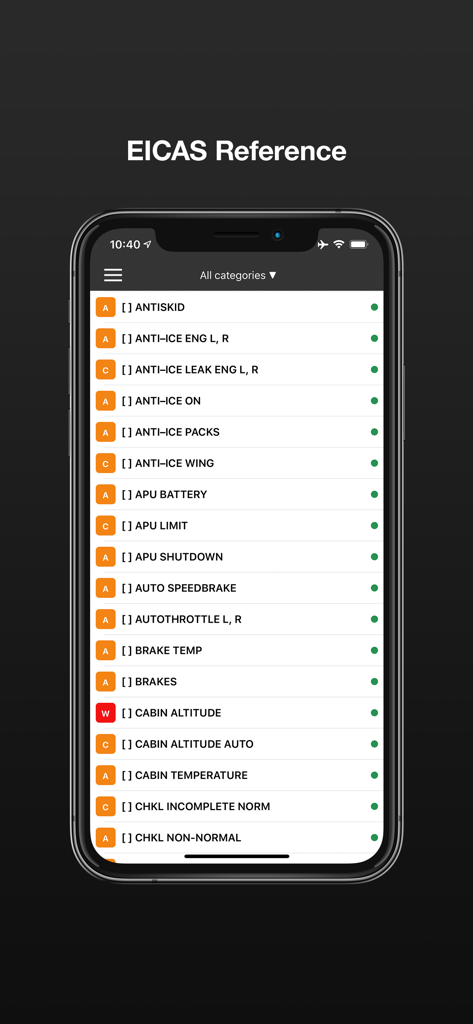 L'écran de référence EICAS dans l'application 787 Guide affichant une liste catégorisée des systèmes d'aéronefs