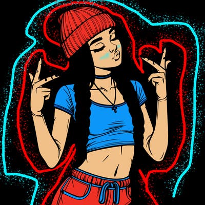 realistic teenage girl with braids and a beanie and crop top doing 🫶🏼