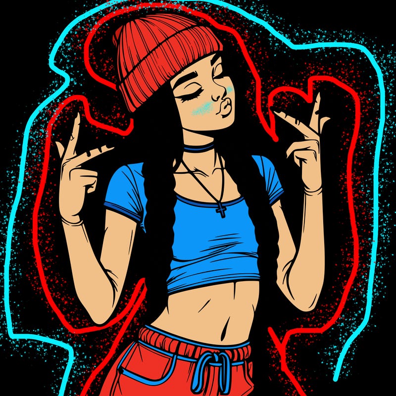 realistic teenage girl with braids and a beanie and crop top doing 🫶🏼
