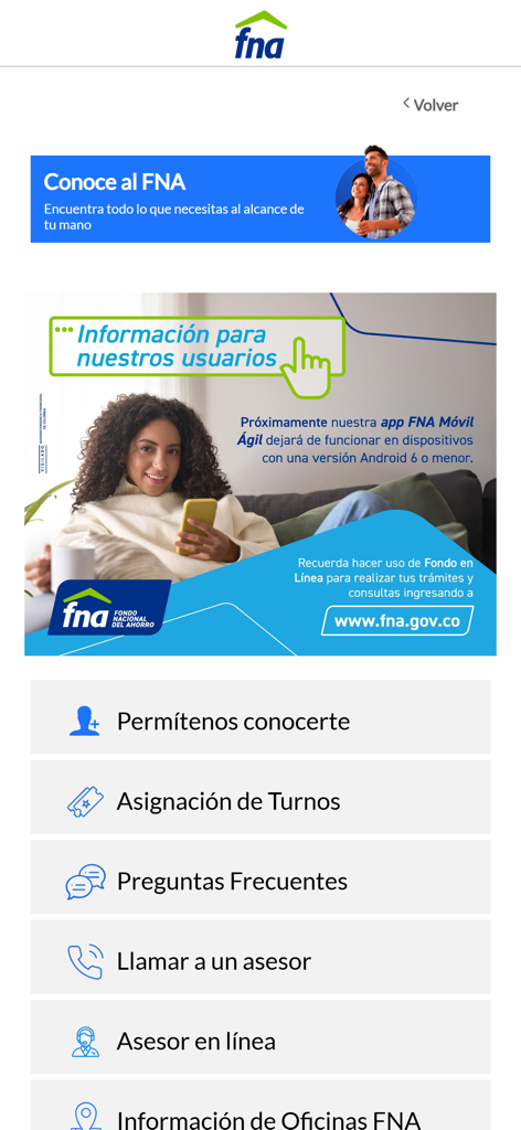 FNA Movil Agil app screen showing customer service menu options like calling an advisor and online assistant