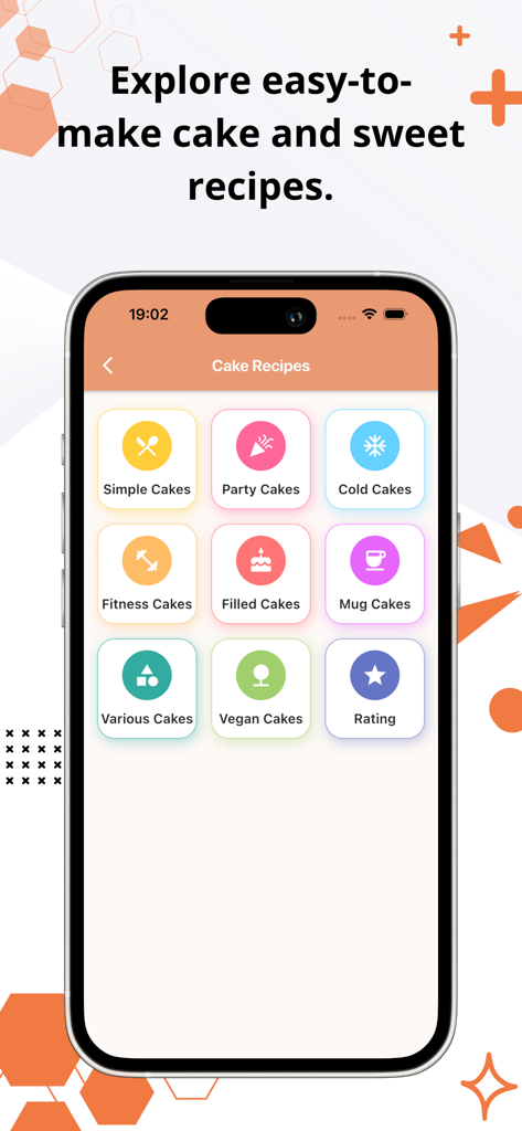 Cake and Dessert Recipes - Mobile app screen showing various cake recipe categories including party cakes and vegan options