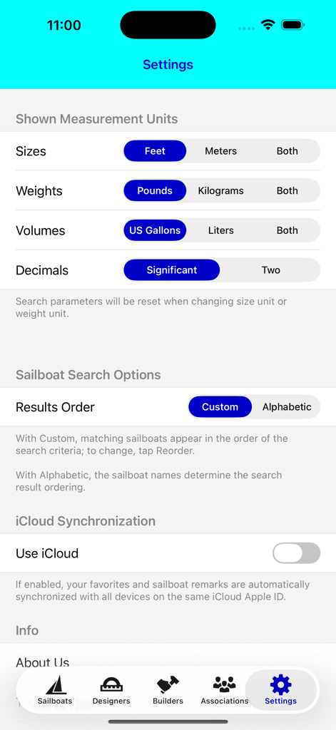 Settings screen of the SailboatData app showing unit measurements and sync options