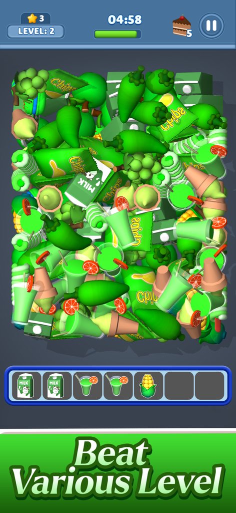 A cluttered pile of green 3D objects in the Match 3D Box mobile game being sorted into matching sets