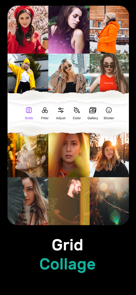 Locket Photo Locket Frames HD - A mobile app screen showing the grid collage feature with various photos of people and a central toolbar with editing options.