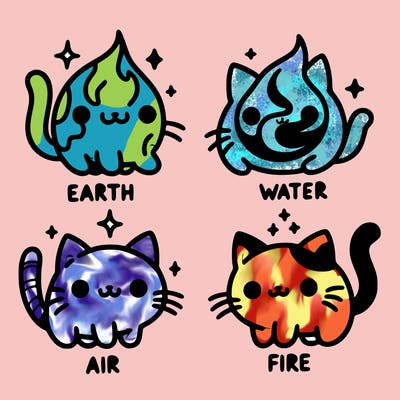 4 cats that represent the different elements, earth, water, air, and fire