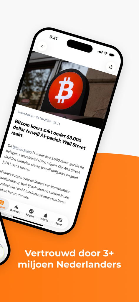Newsbit: Crypto Nieuws - Un smartphone mostrando la aplicación de noticias de criptomonedas Newsbit con un artículo en holandés sobre los precios de Bitcoin.