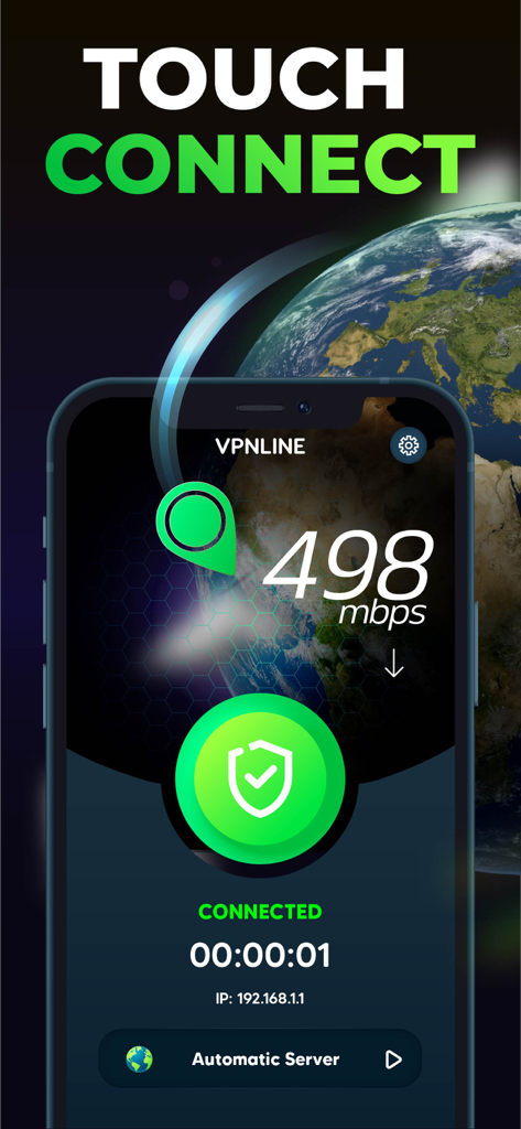 VPNLINE - Fast & Secure Vpn - A smartphone screen displaying the VPNLINE app with a successful 498 mbps connection and a green security shield icon.