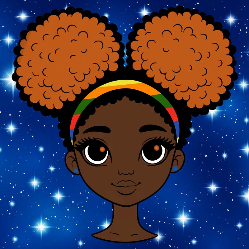 a realistic girl with white face with two afro puffs in her heart
