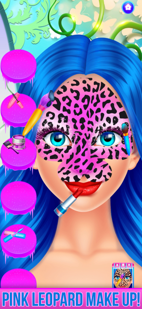 Ice Princess character with blue hair and pink leopard face paint