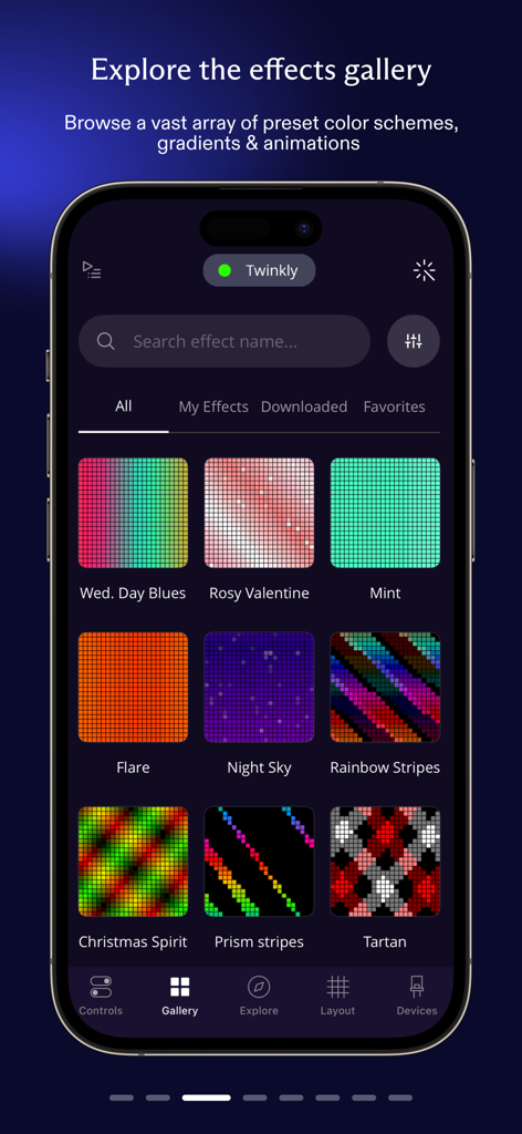 Twinkly - Galería de efectos de la aplicación Twinkly con esquemas de colores preestablecidos y animaciones de luz.