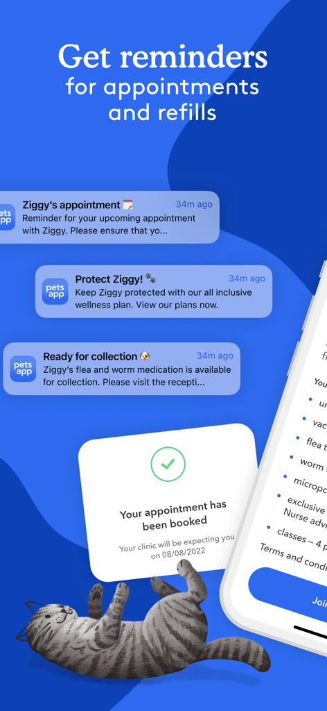 PetsApp mobile interface showing notifications for pet appointments and medication refills