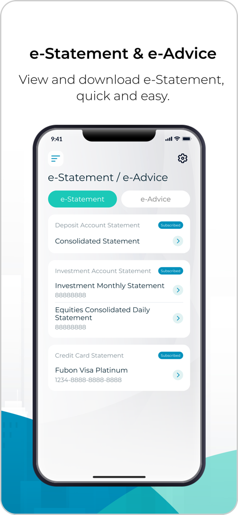 Fubon+ HK - Fubon+ HK mobile app e-Statement and e-Advice interface for managing bank statements